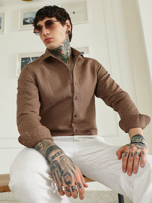 Textured Brown Cotton Blend Full Sleeve Shirt