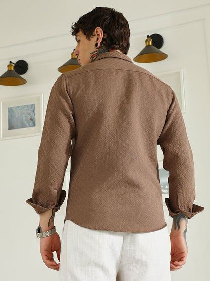 Textured Brown Cotton Blend Full Sleeve Shirt