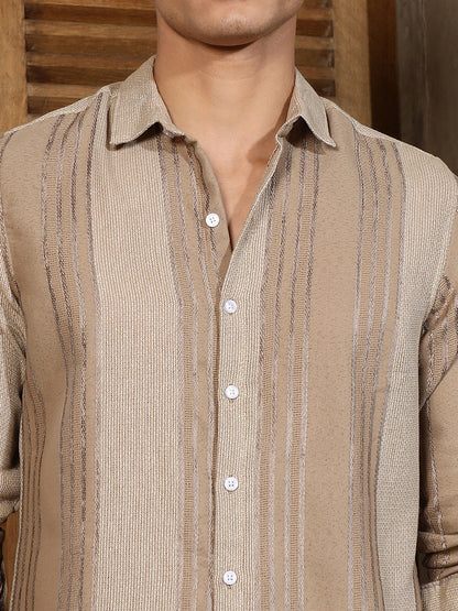 Sand Beige Multitrack Stripe-Woven Shirt