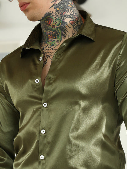 Olive Green Polyester Slim Fit Shirt