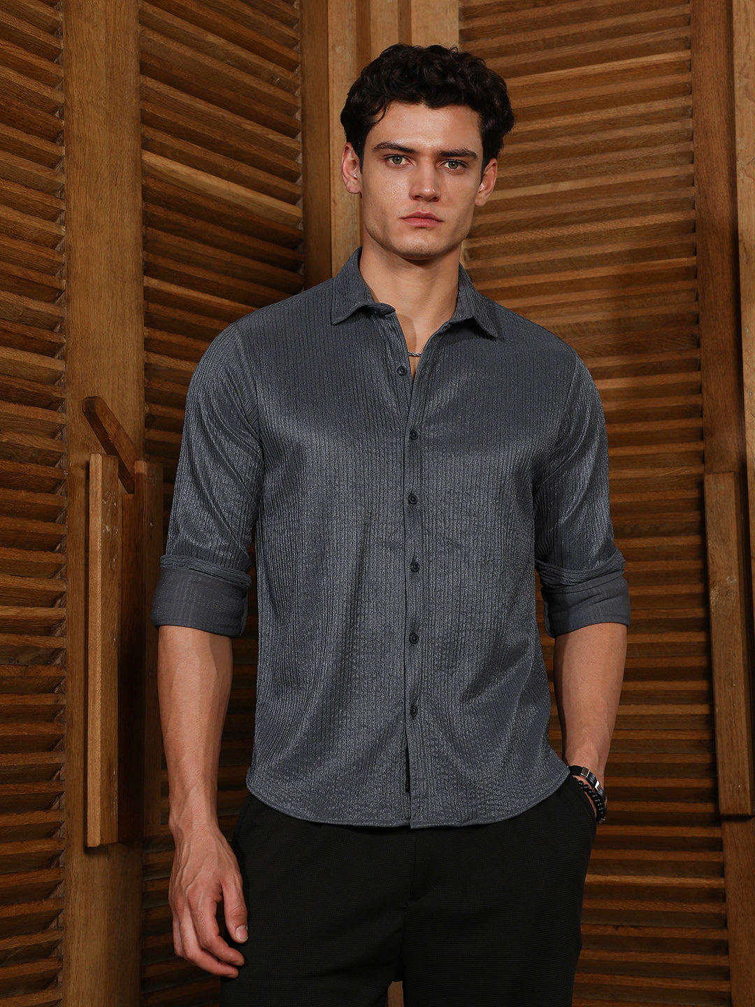 Charcoal Grey Solid Creased Shirt