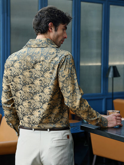 Men's Mustard Abstract Jacquard Cuban Collar Shirt