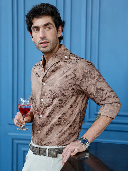 Men's Regular Fit Brown Abstract Pattern Cuban Collar Shirt