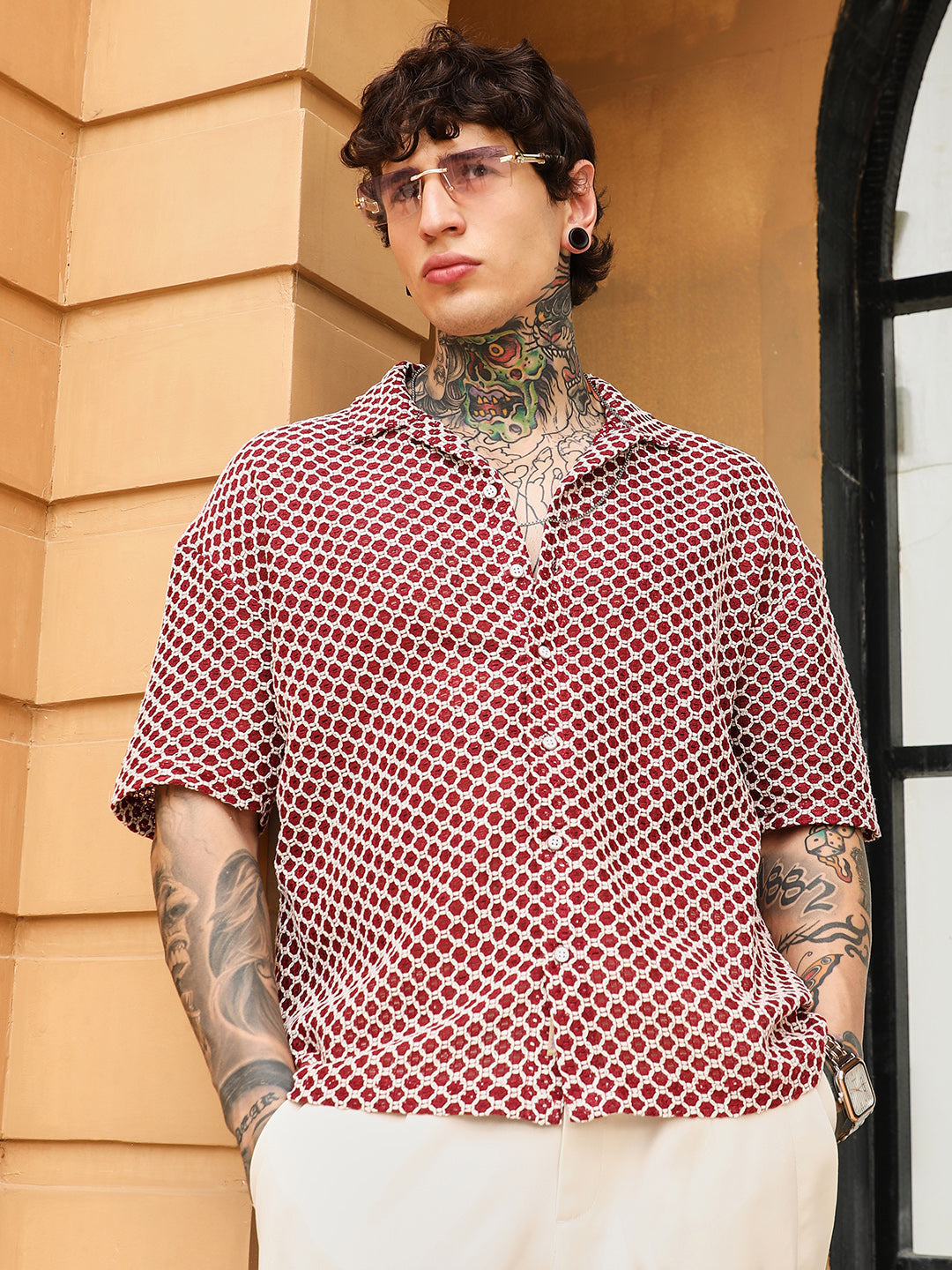Geometric-Crochet Cuban Oversized Shirt