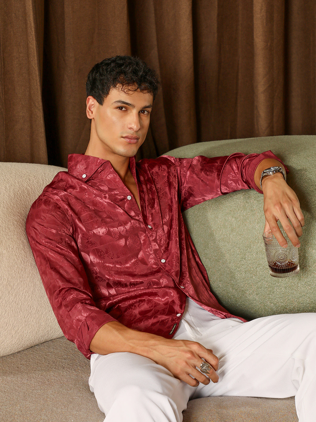 Men's Wine Red Satin Shirt with semi curve jacquard weave and high-shine finish