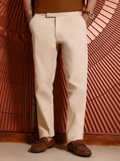 Beige Regular Fit Cotton Trousers