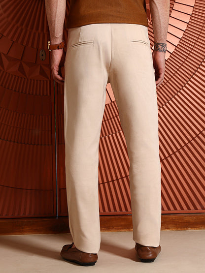 Beige Regular Fit Cotton Trousers