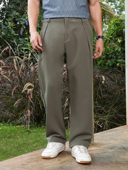 Olive Green Pleated Straight-Fit Trousers