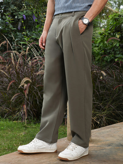 Olive Green Pleated Straight-Fit Trousers