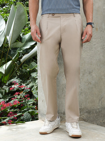 Khaki Beige Pleated Straight-Fit Trousers