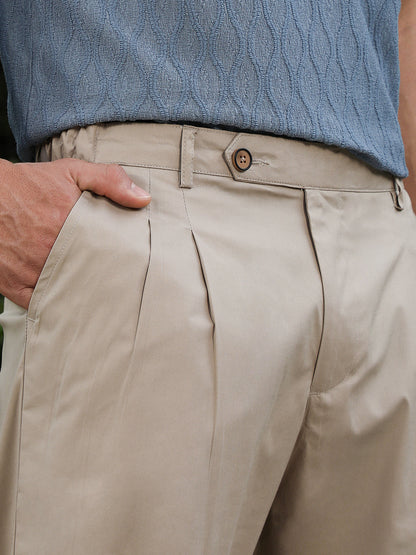 Khaki Beige Pleated Straight-Fit Trousers