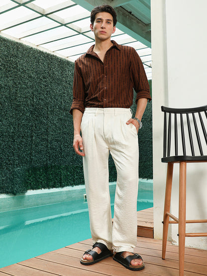 Off White Textured Pleated Trousers