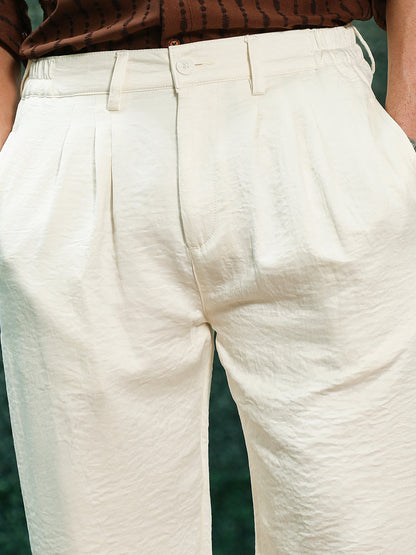 Off White Textured Pleated Trousers