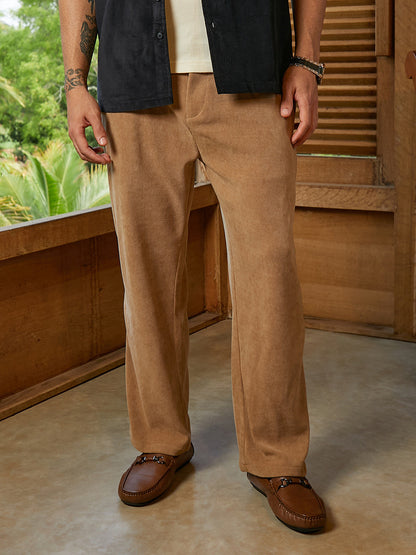 Ribbed Straight-Fit Pleated Trousers