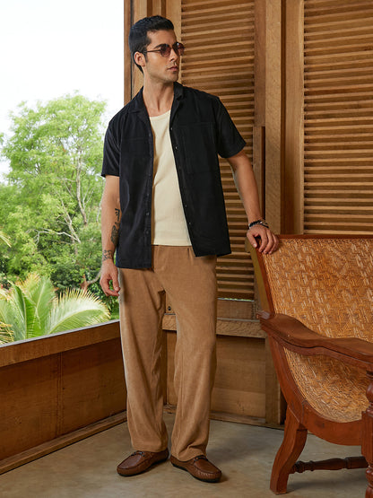 Ribbed Straight-Fit Pleated Trousers