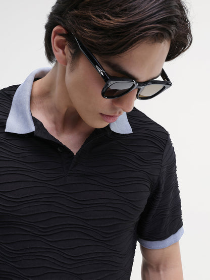 Jacquard Knit Contrast Collar Regular Fit Polo