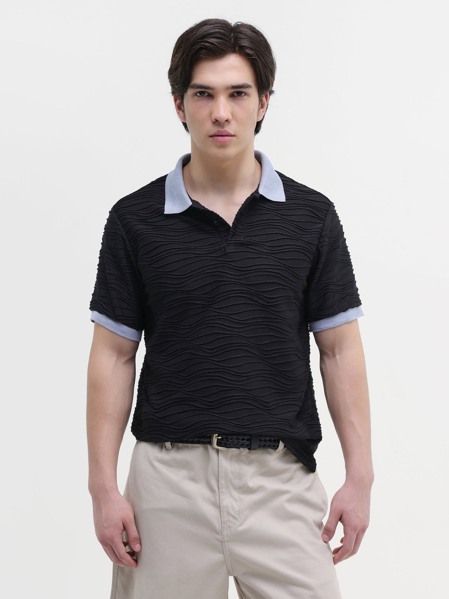 Jacquard Knit Contrast Collar Regular Fit Polo