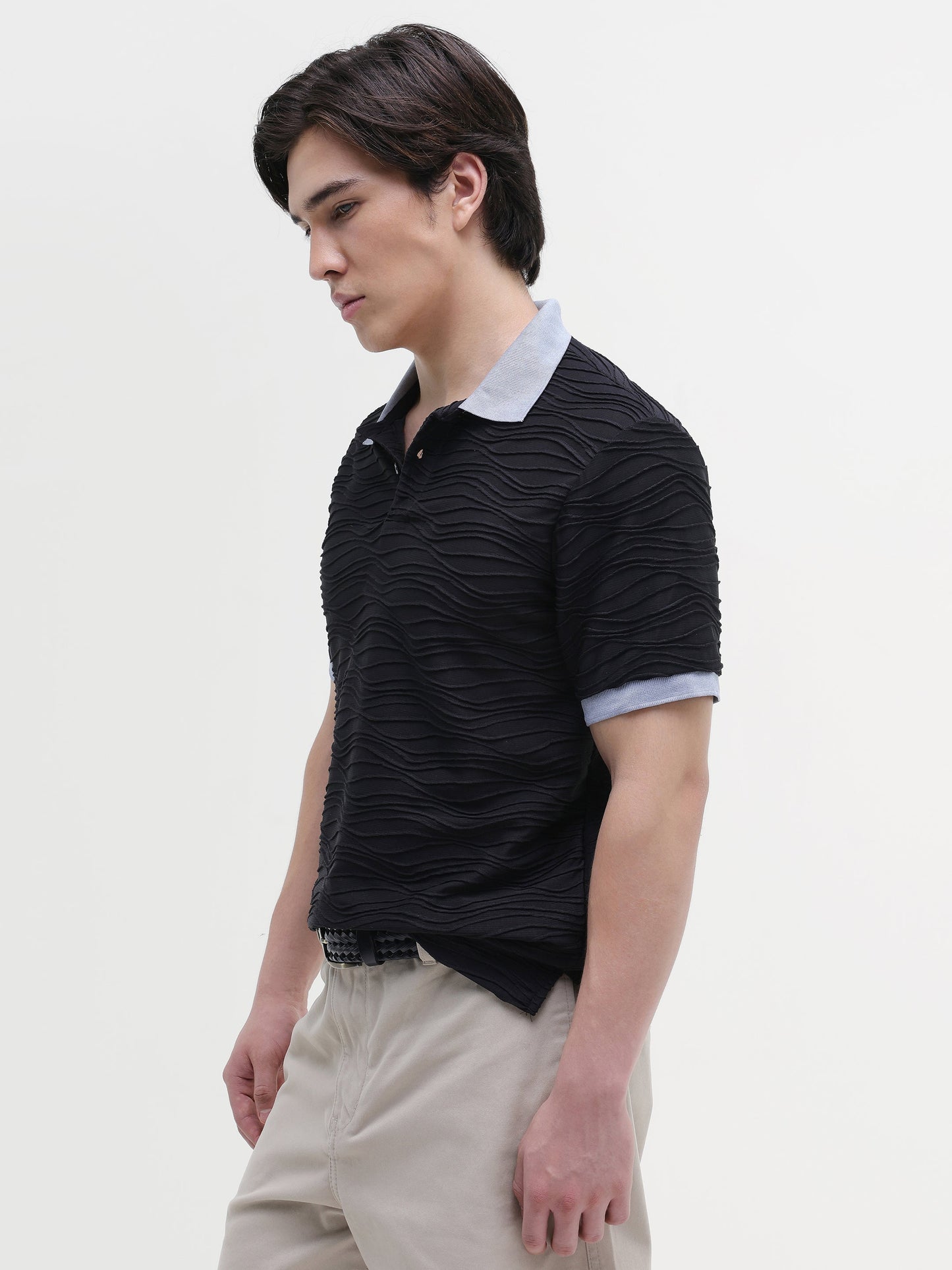 Jacquard Knit Contrast Collar Regular Fit Polo
