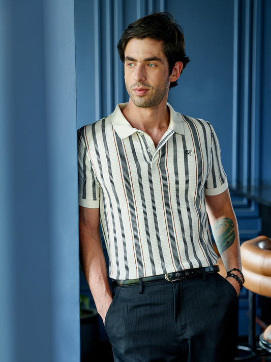 Men's Cream & Black Textured Vertical Striped Knit Polo T-Shirt