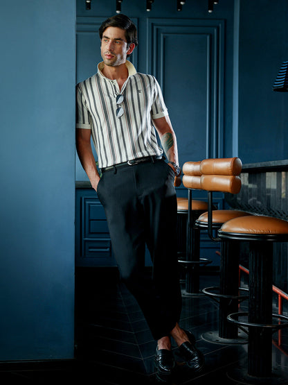 Men's Cream & Black Textured Vertical Striped Knit Polo T-Shirt