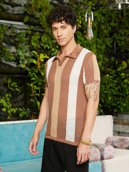 Striped-Textured Polo T-Shirt