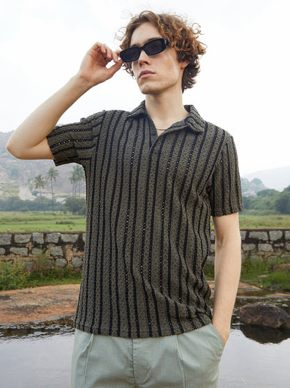 Tactile-Striped Polo T-Shirt