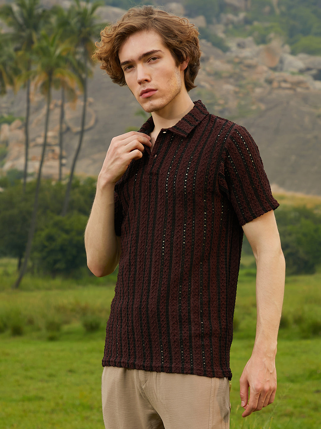 Tactile-Striped Polo T-Shirt
