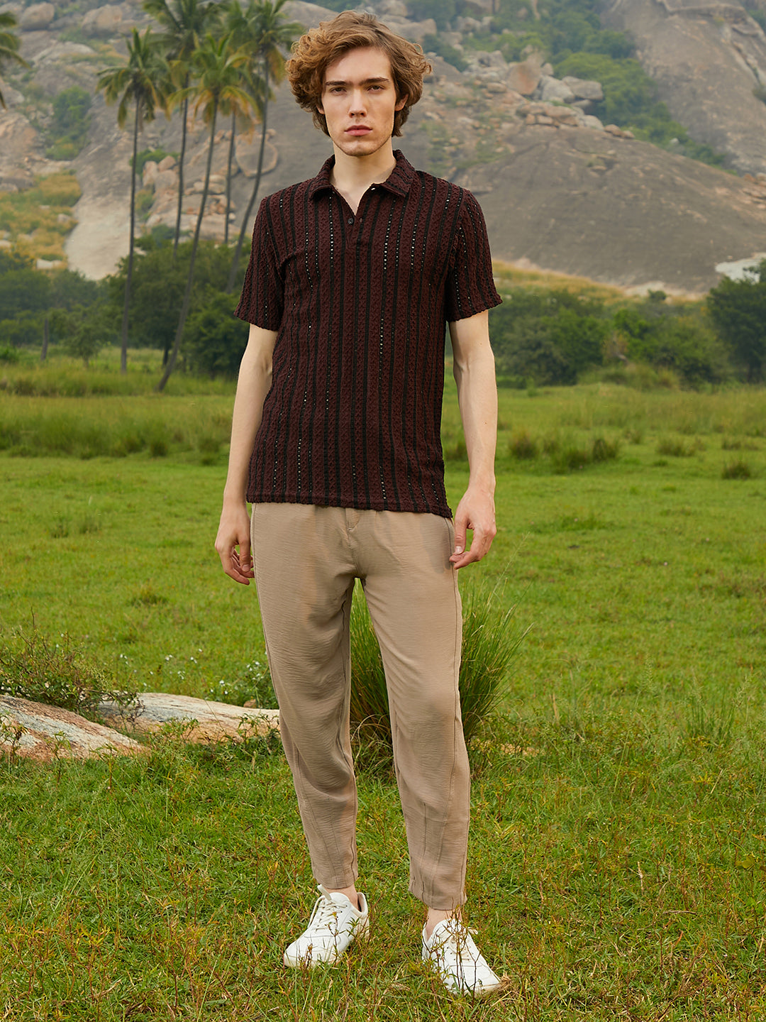 Tactile-Striped Polo T-Shirt