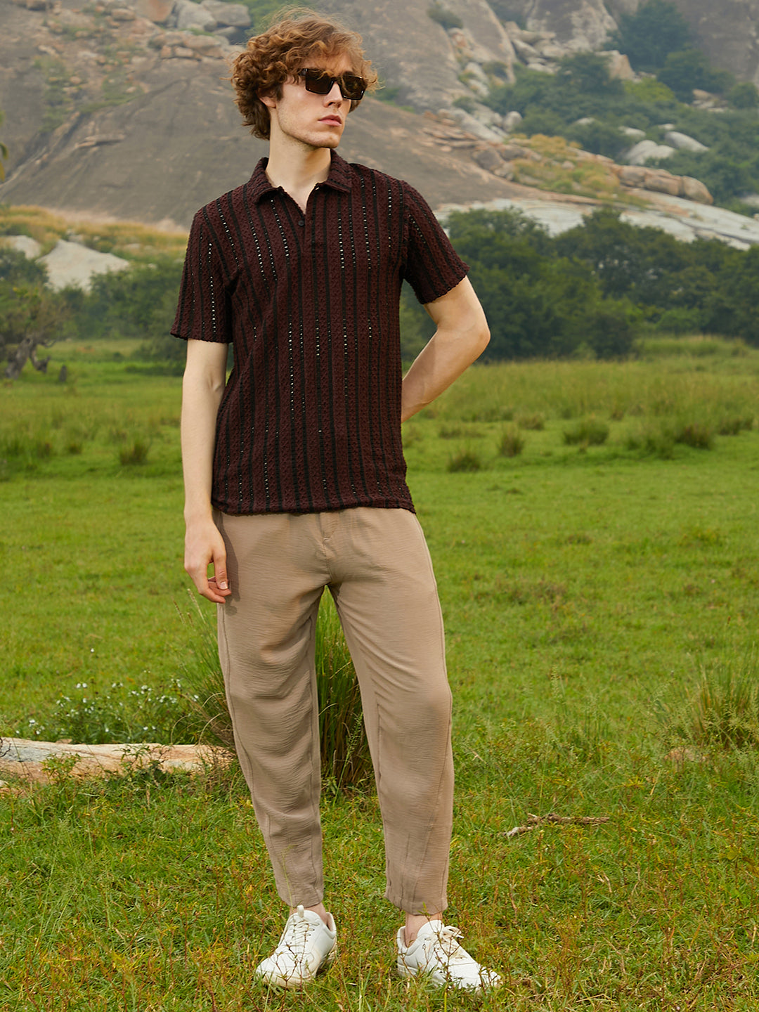 Tactile-Striped Polo T-Shirt