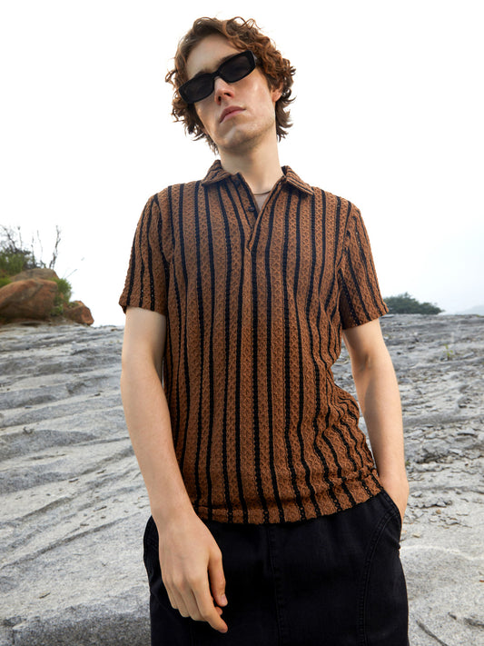 Tactile-Striped Polo T-Shirt