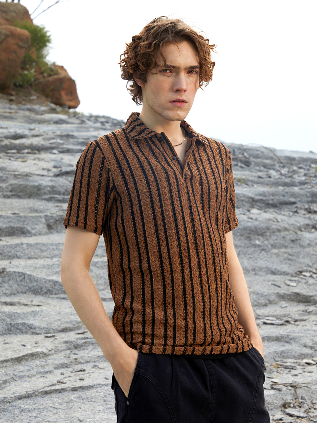 Tactile-Striped Polo T-Shirt