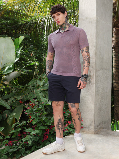 Spiral-Panel Open-Knit Polo T-Shirt