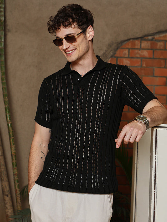 Stripe-Textured Polo T-Shirt