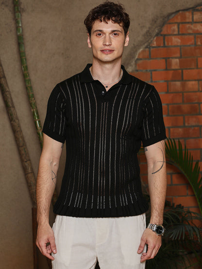 Stripe-Textured Polo T-Shirt