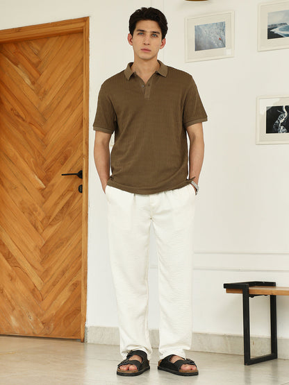 Brown Textured Polo T-shirt - Poly Spandex Blend