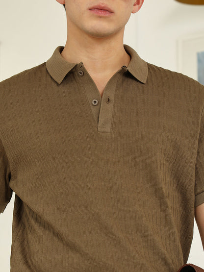 Brown Textured Polo T-shirt - Poly Spandex Blend