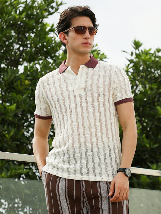 Textured Knit Polo T-Shirt with Contrast Collar and Cuffs