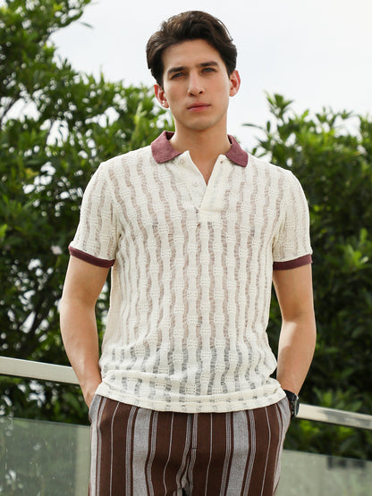 Textured Knit Polo T-Shirt with Contrast Collar and Cuffs
