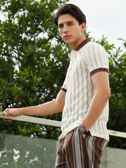 Textured Knit Polo T-Shirt with Contrast Collar and Cuffs