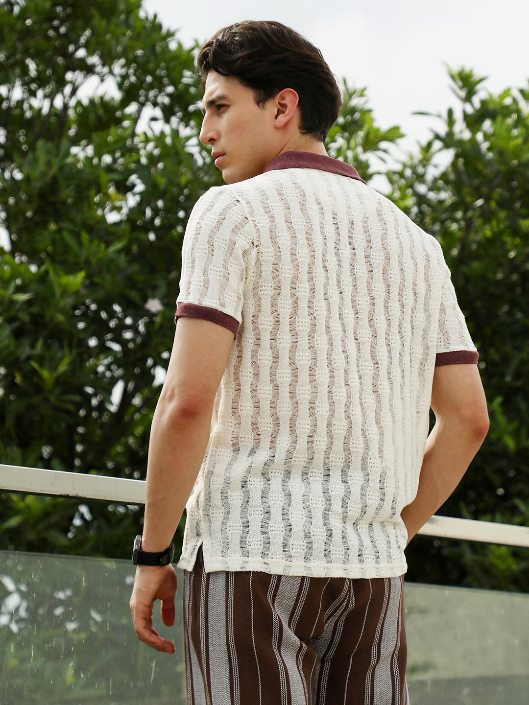 Textured Knit Polo T-Shirt with Contrast Collar and Cuffs