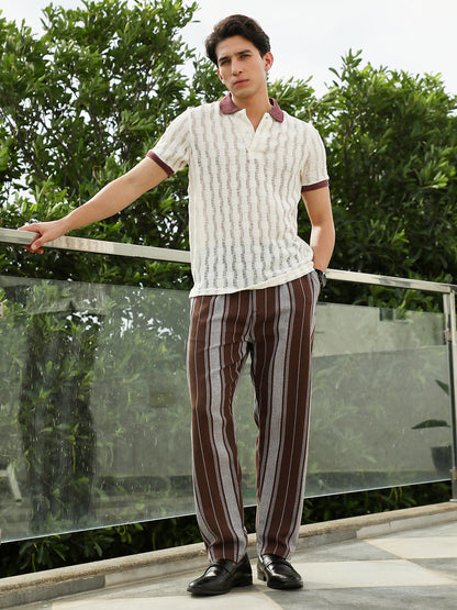 Textured Knit Polo T-Shirt with Contrast Collar and Cuffs
