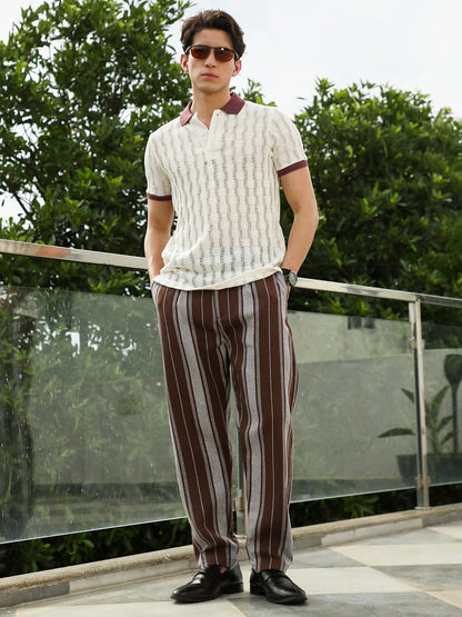 Textured Knit Polo T-Shirt with Contrast Collar and Cuffs