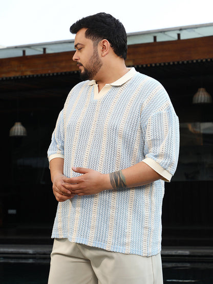 Open-Knit Striped Polo T-Shirt