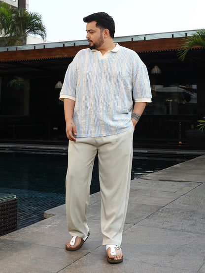 Open-Knit Striped Polo T-Shirt