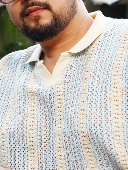 Open-Knit Striped Polo T-Shirt