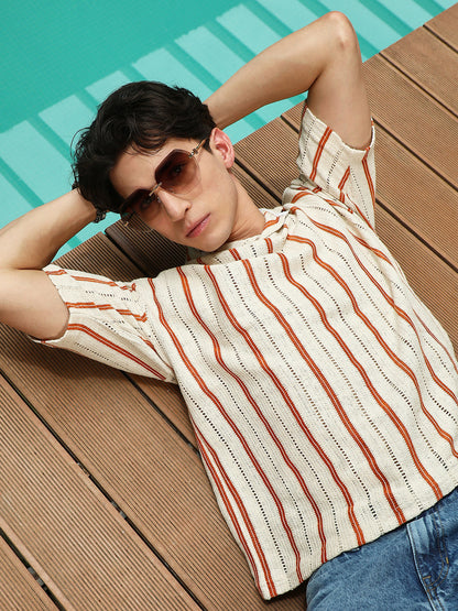 Striped Cuban Collar Cotton T-Shirt - Cream & Orange