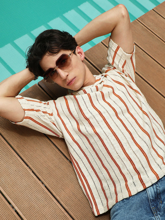 Striped Cuban Collar Cotton T-Shirt - Cream & Orange