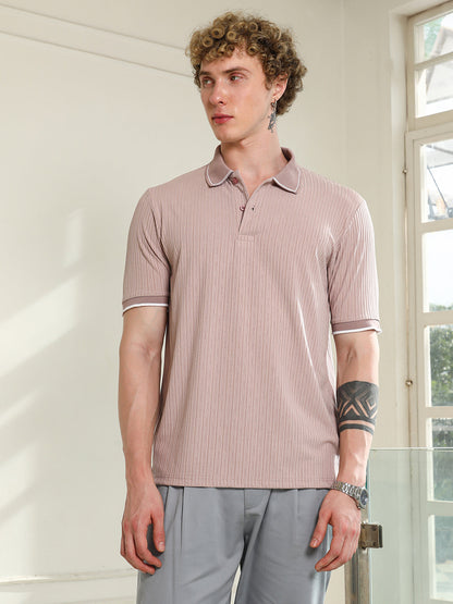 Light Pink Textured Polo T-shirt with Contrast Detailing