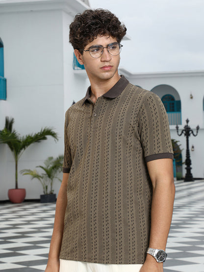 Geometric-Folk Knitted Polo T-Shirt