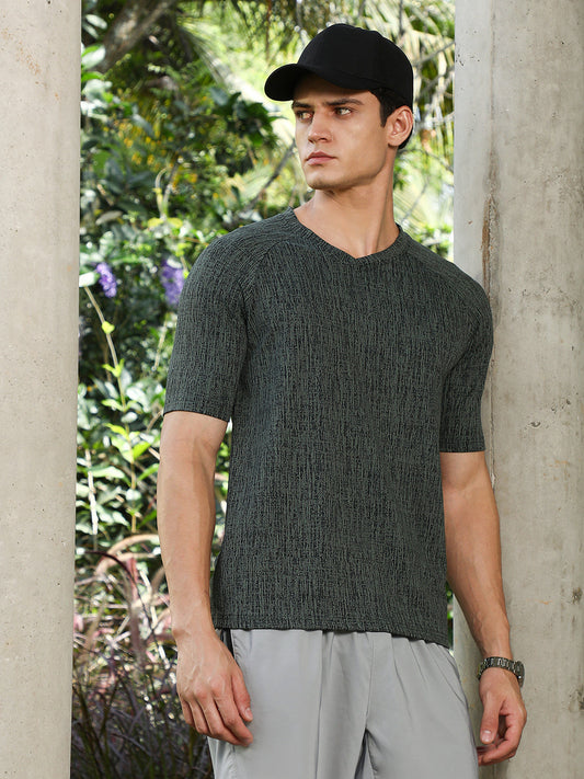 Emerald Green & Midnight Black Contrast-Heathered Knitted T-Shirt